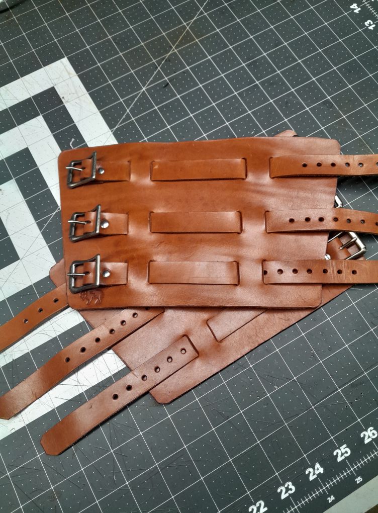 Handmade Leather Bracer Wrist Cuff Blacksmith Style Wristband. 6" wide 7 1/2" long at the wrist diameter with three 3/4" buckle bands.