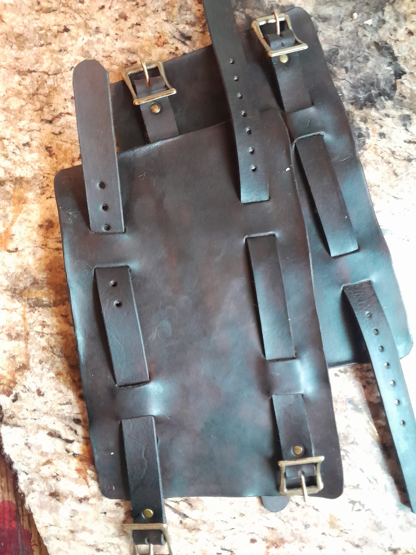 Handmade Leather Bracer Wrist Cuff Blacksmith Style Wristband with Pocket. 6" wide 7 1/2" long at the wrist diameter with three 3/4" buckle bands.