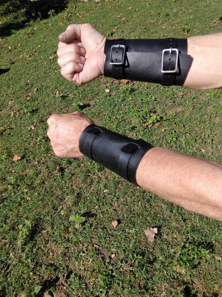 Handmade Leather Bracer Wrist Cuff Blacksmith Style Wristband. 6" wide 7 1/2" long at the wrist diameter with two 3/4" buckle bands.
