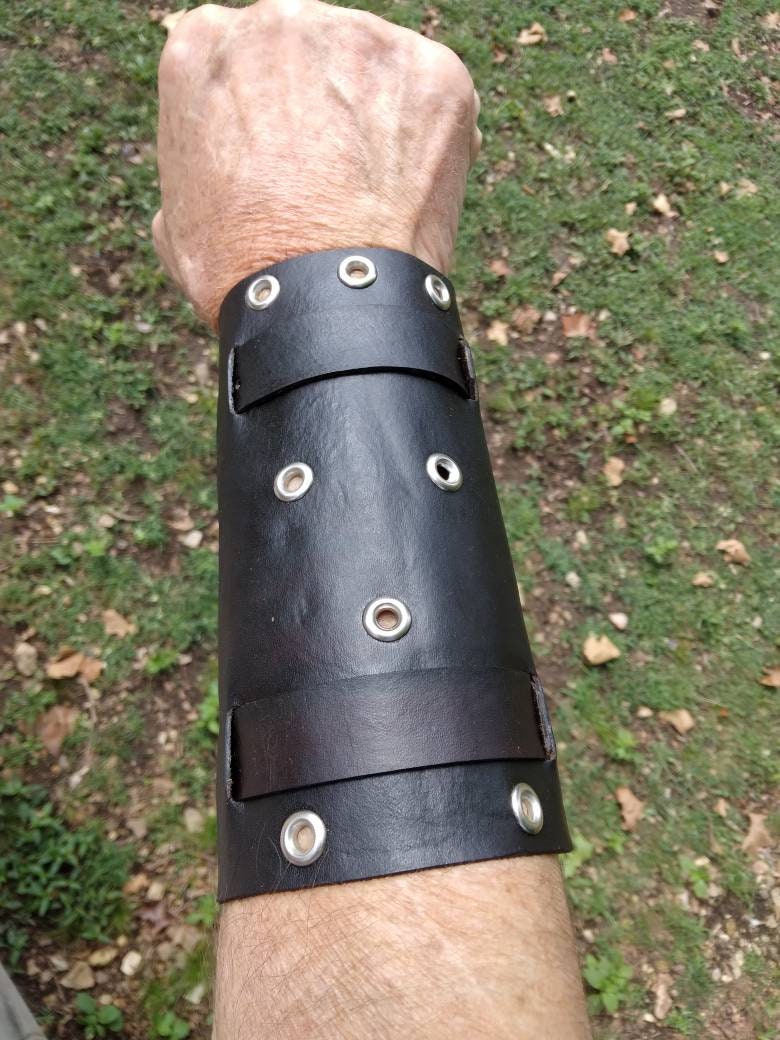 Pair (x2), Handmade Leather Bracer Wrist Cuff Blacksmith Style Wristband with Eyelets. 6" wide 7 1/2" long at the wrist diameter with two 3/4" buckles