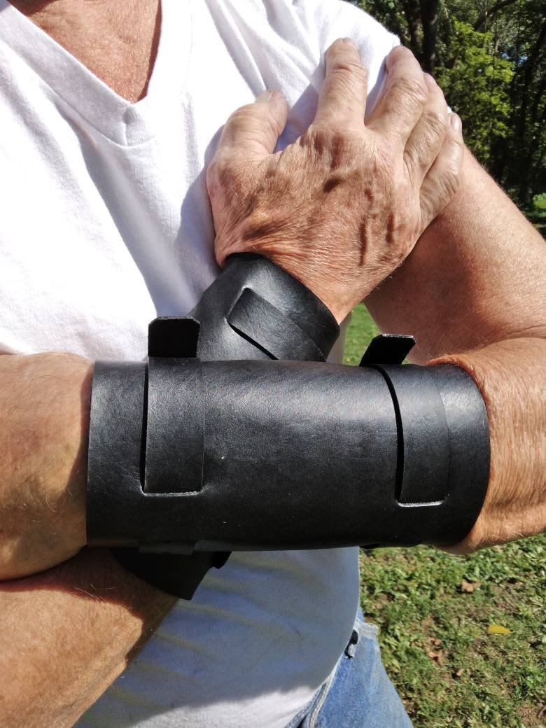 Handmade Leather Bracer Wrist Cuff Blacksmith Style Wristband. 6" wide 7 1/2" long at the wrist diameter with two 3/4" buckle bands.