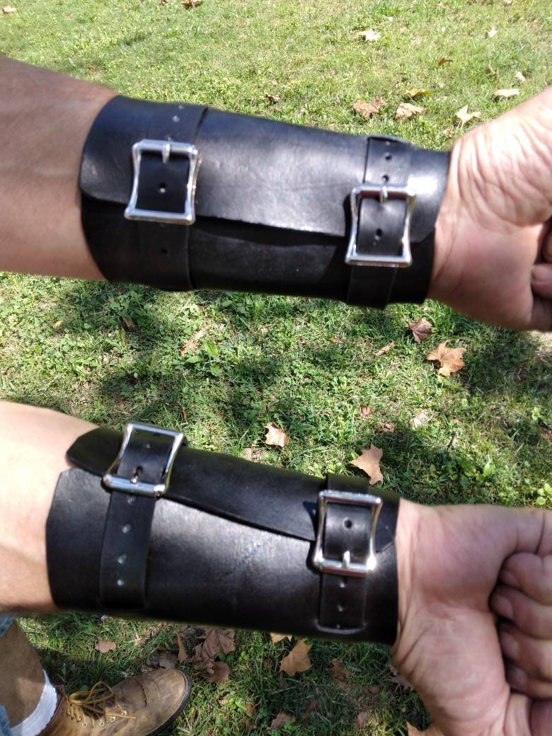 Pair (x2), Handmade Leather Bracer Wrist Cuff Blacksmith Style Wristband with Eyelets. 6" wide 7 1/2" long at the wrist diameter with two 3/4" buckles