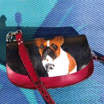 Handmade Leather Handbag purse with frenchie french bulldog hand engraved and painted.