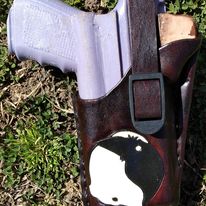 38 Special Pistol Holster Handmade for right handed. Freehand engraved, monogrammed with heavy duty clip mount.