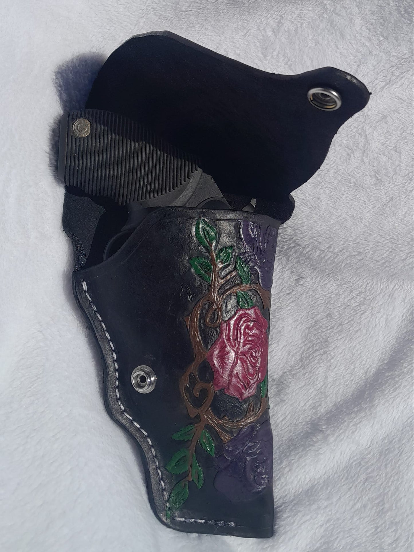 Flap Holster Handmade for right handed use. Freehand engraved, monogrammed, and made from scratch pistol holster for auto-loader or revolver.