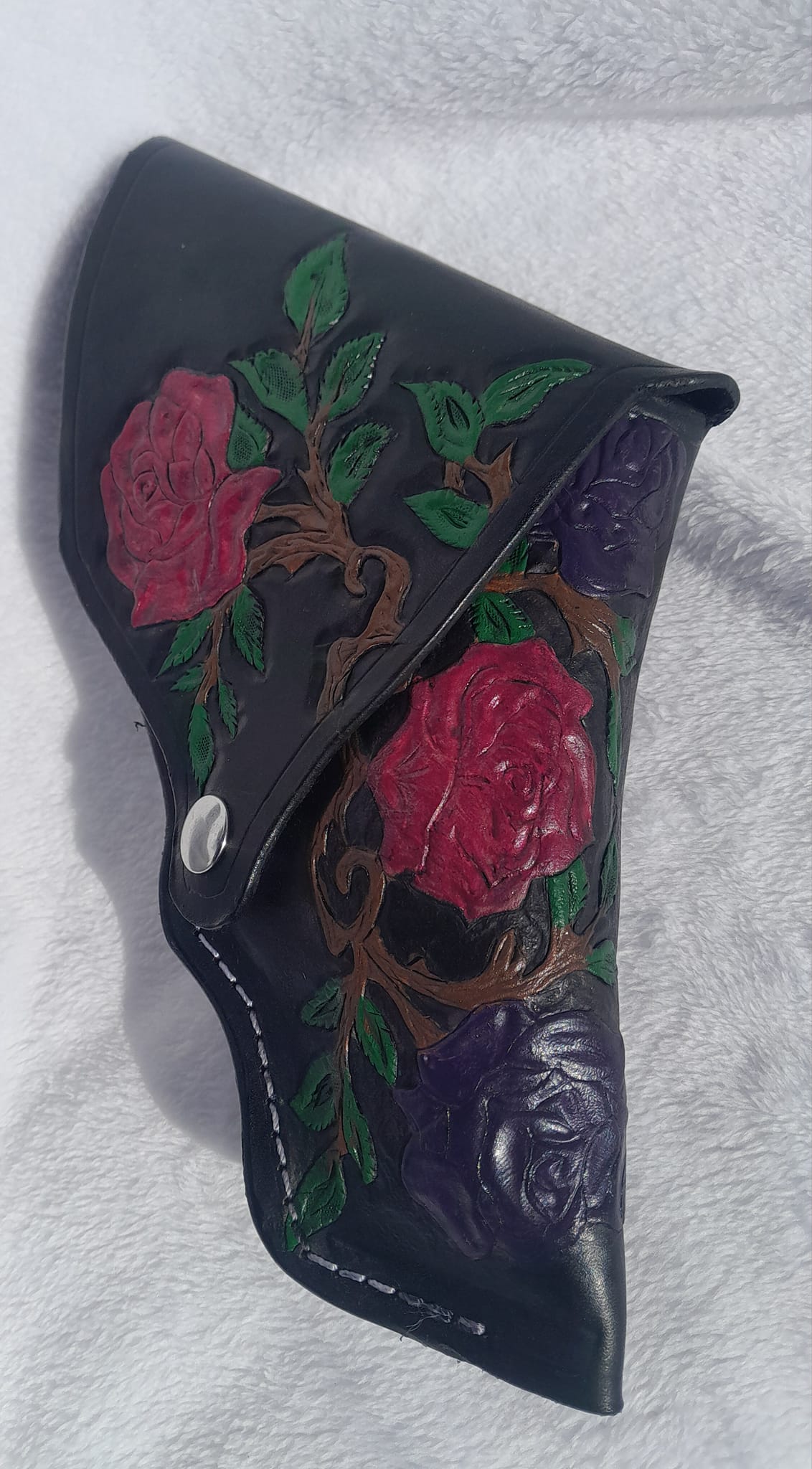 Flap Holster Handmade for right handed use. Freehand engraved, monogrammed, and made from scratch pistol holster for auto-loader or revolver.