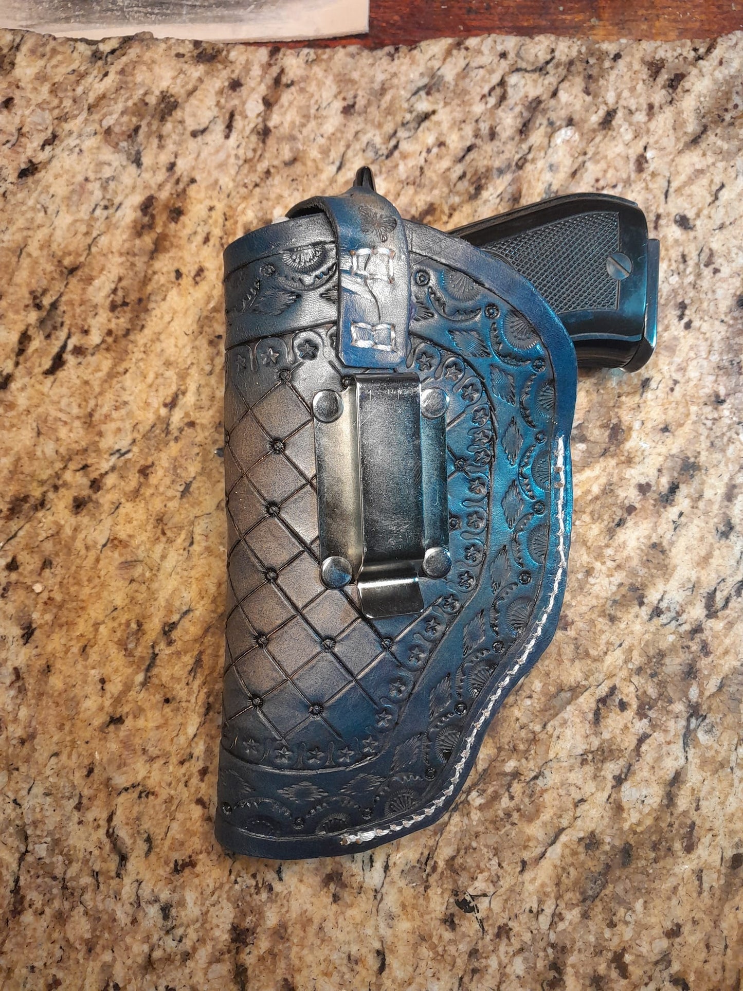 38 Special Pistol Holster Handmade for right handed. Freehand engraved, monogrammed with heavy duty clip mount.