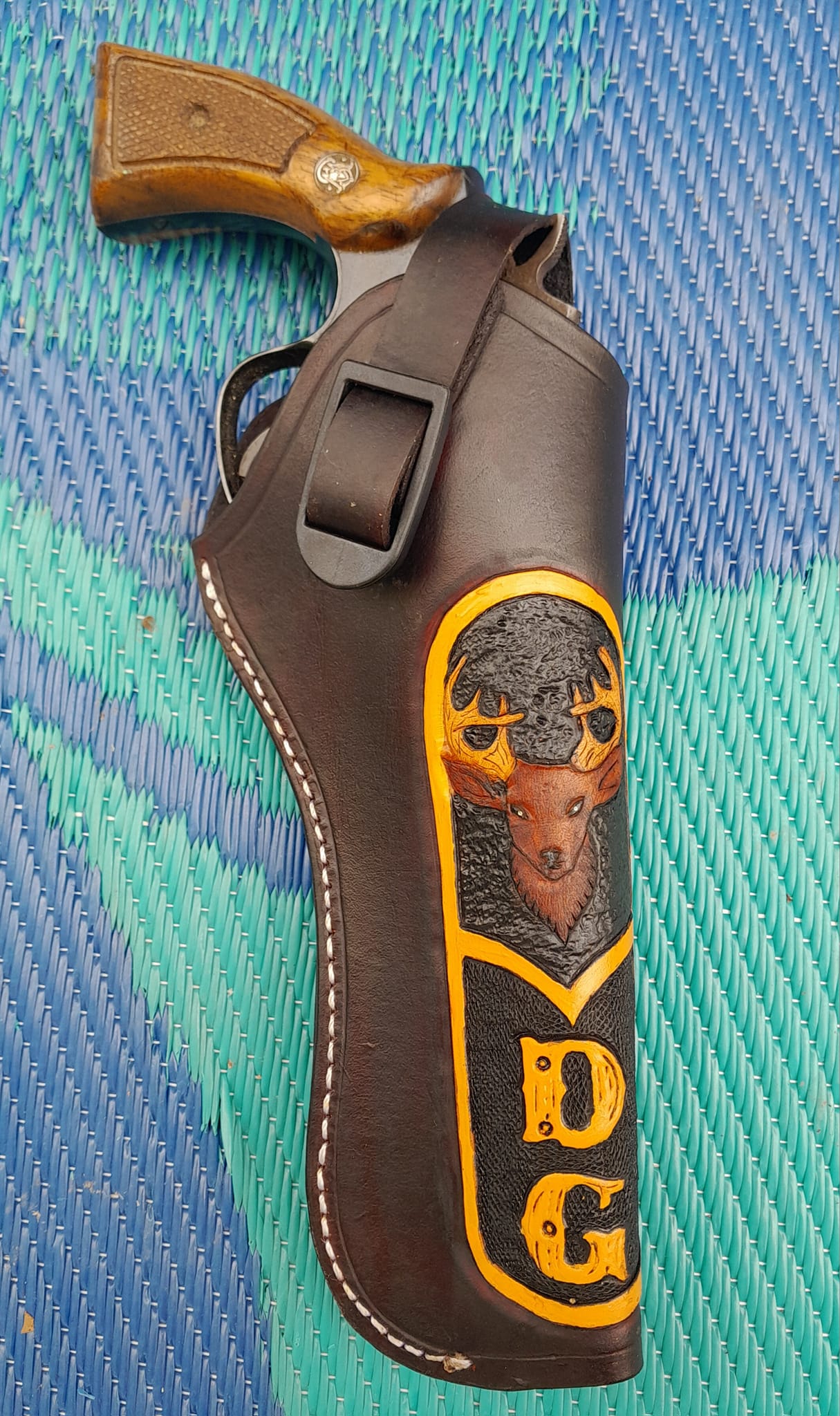 357 Revolver Pistol holster. Handmade for right handed use. monogrammed with heavy duty clip mount.