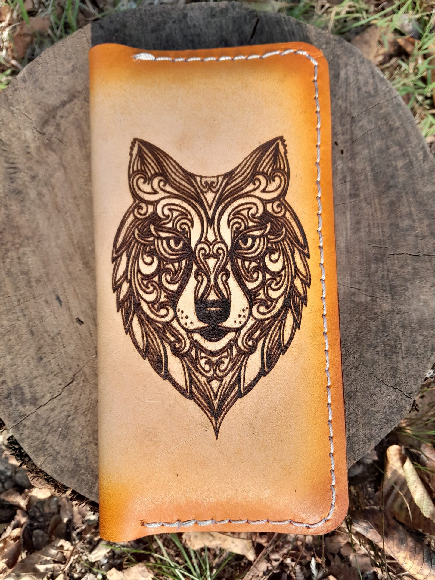 Long Cell Phone Sized Wallet Checkbook With Tribal Wolf