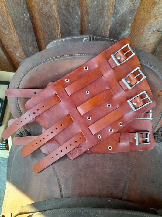 Pair (x2 Handmade Leather Bracer Wrist Cuff Blacksmith Style Wristband  6" wide 7 1/2" long at the wrist diameter with two 3/4" buckle bands. One pair.