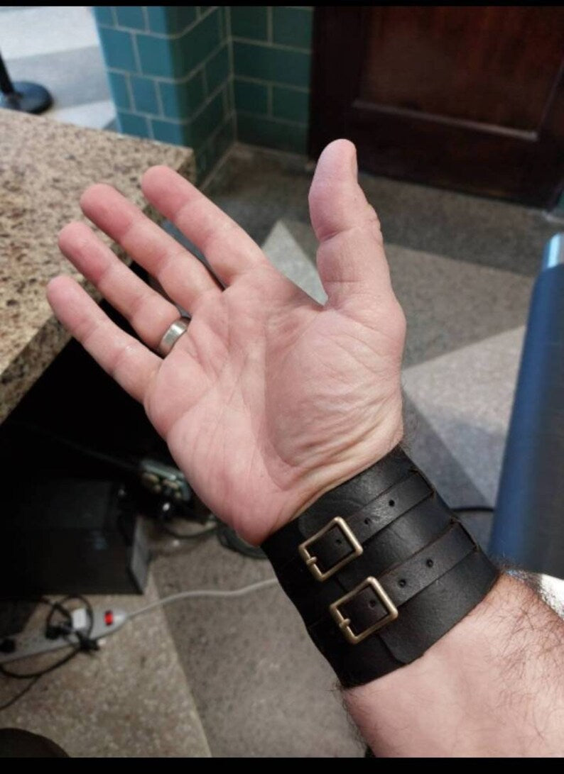 Handmade Leather Bracer Wrist Cuff Blacksmith Style Wristband ( x 1 ), 6" wide 7 1/2" long at the wrist diameter with two 3/4" buckle bands.