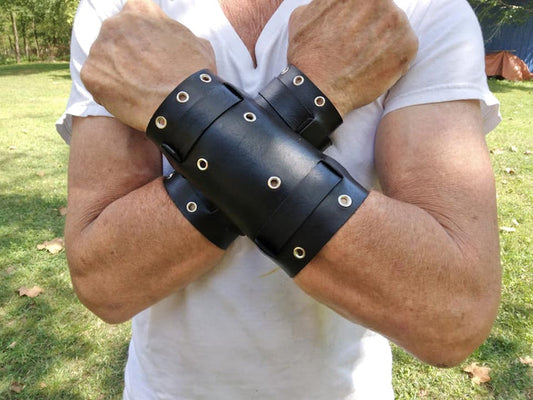Handmade Leather Bracer Wrist Cuff Blacksmith Style Wristband.  6" wide 8" long at the wrist diameter with three 3/4" buckle bands.