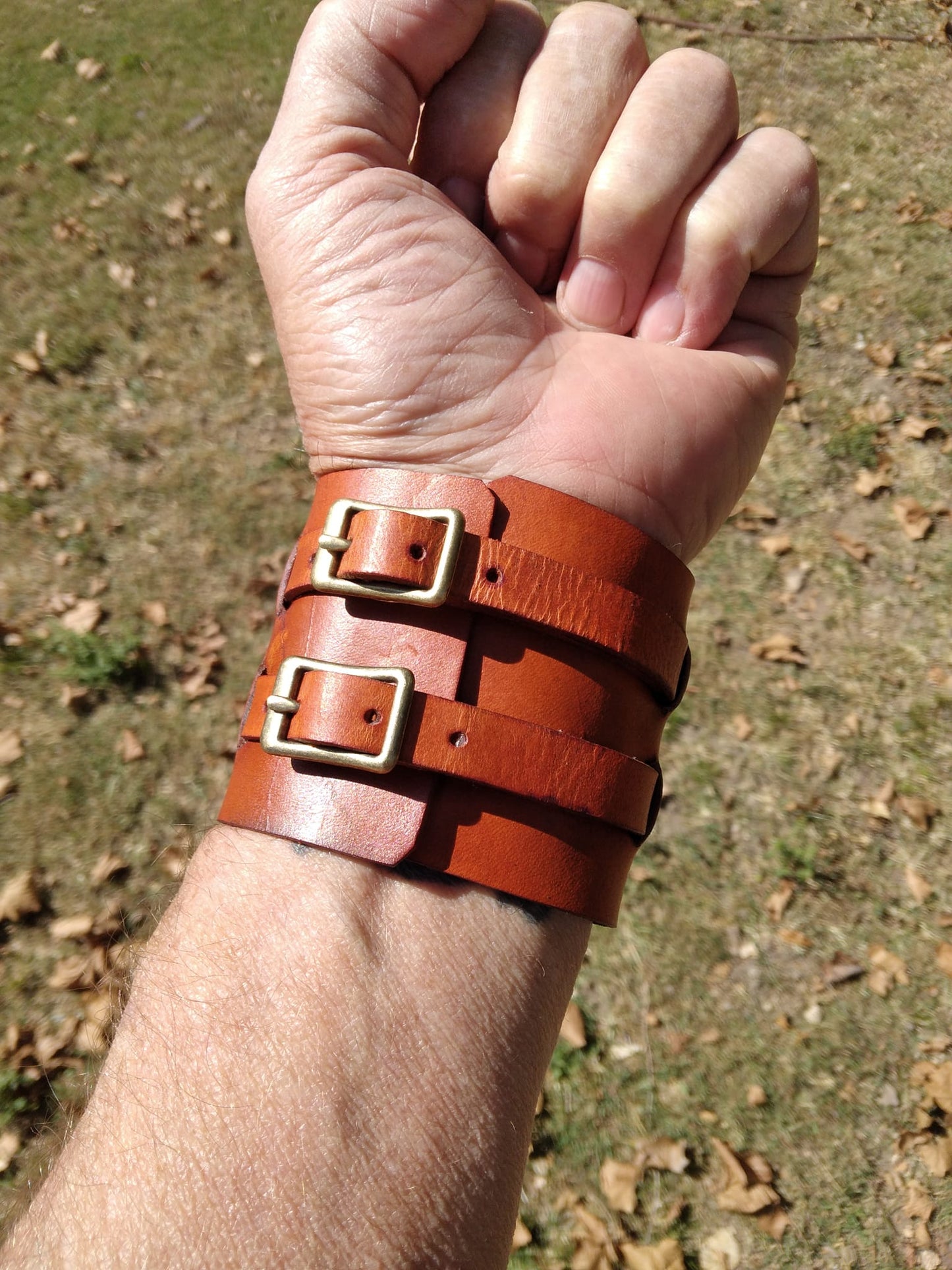 Pair (x2). Handmade Leather Bracer Wrist Cuff Blacksmith Style Wristband. 6" wide 7 1/2" long at the wrist diameter with three 3/4" buckle bands.