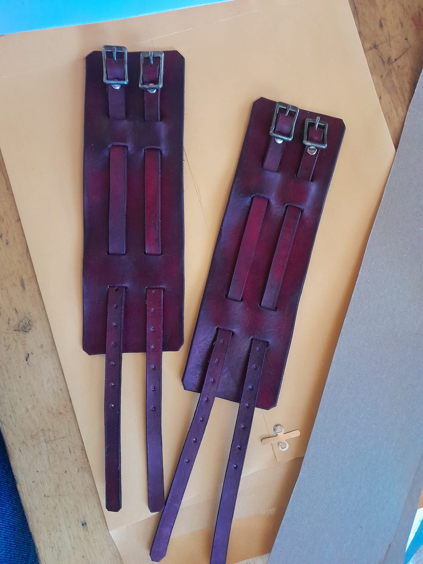 Pair (x2). Handmade Leather Bracer Wrist Cuff Blacksmith Style Wristband. 6" wide 7 1/2" long at the wrist diameter with three 3/4" buckle bands.