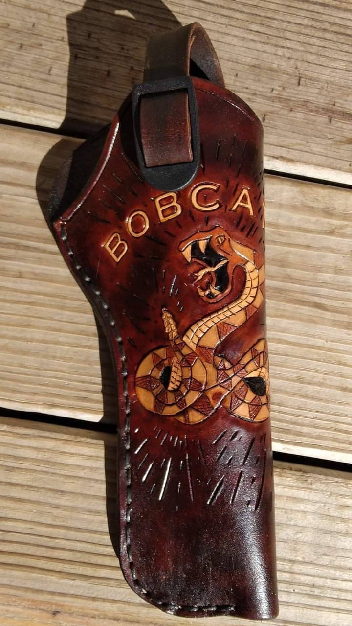 38 Special Pistol Holster Handmade for right handed. Freehand engraved, monogrammed with heavy duty clip mount.