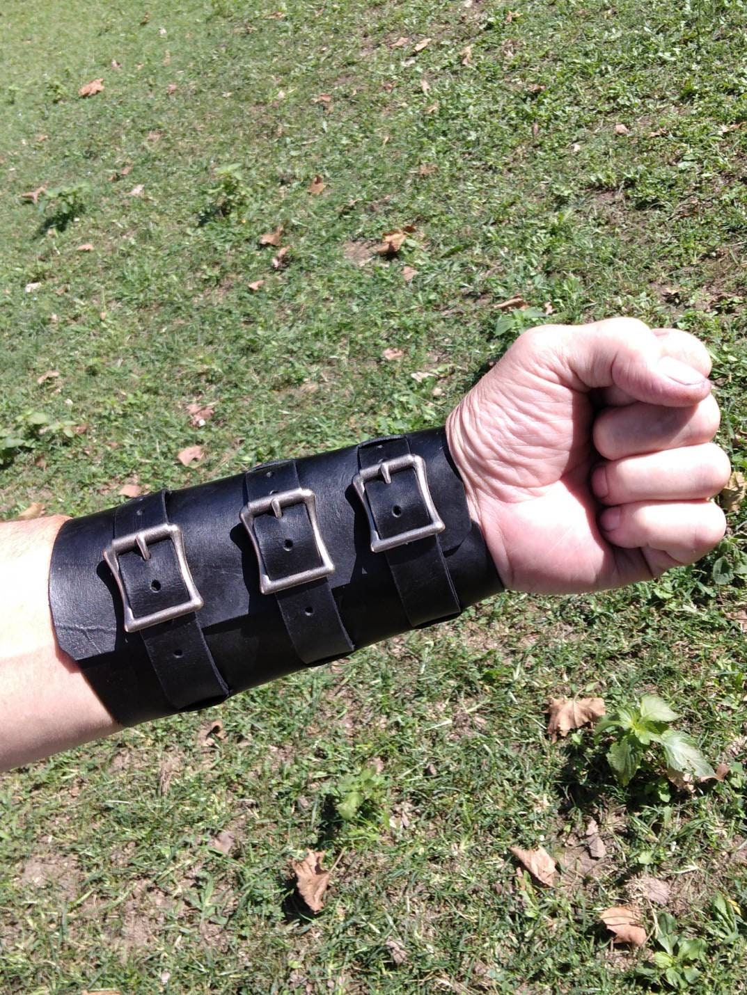 Pair (x2). Handmade Leather Bracer Wrist Cuff Blacksmith Style Wristband. 6" wide 7 1/2" long at the wrist diameter with three 3/4" buckle bands.