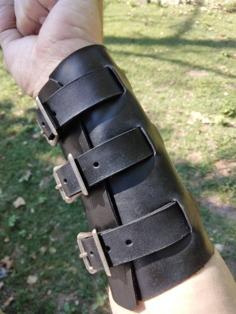 Handmade Leather Bracer Wrist Cuff Blacksmith Style Wristband.  6" wide 7 1/2" long at the wrist diameter with three 3/4" buckle bands.